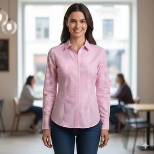 Talbots Wrinkle Resistant Blouse Womens 8 Pink White Striped Button Down Shirt